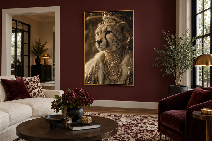 Royal Cheetah Queen canvas wall art with crown and jewellery in a dark red living room.
