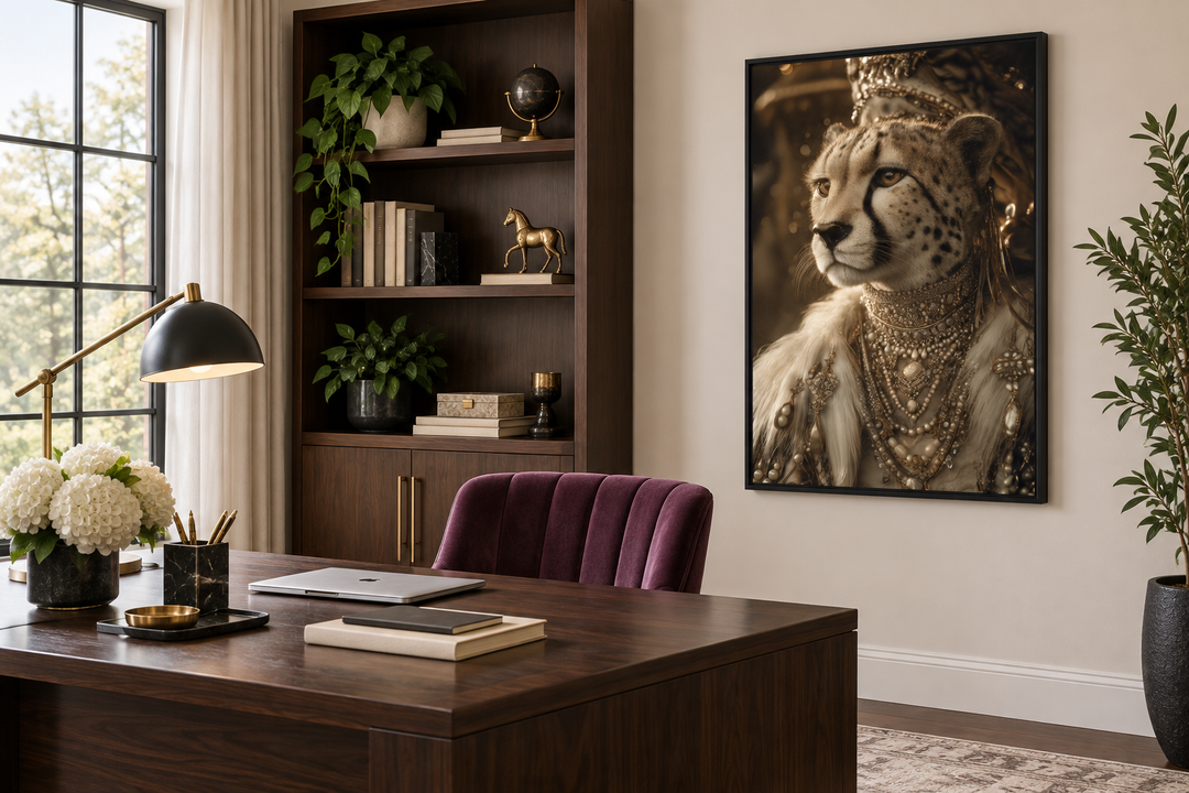 Royal Cheetah Queen canvas art with crown and jewelry in a dark wood office setting.
