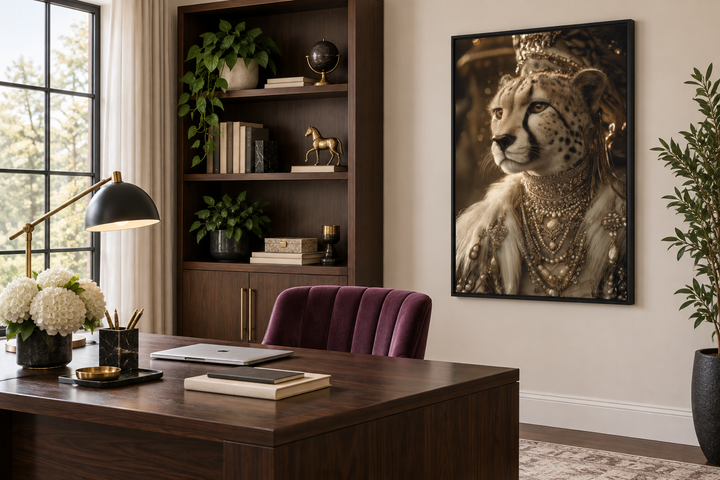 Royal Cheetah Queen canvas art with crown and jewelry in a dark wood office setting.