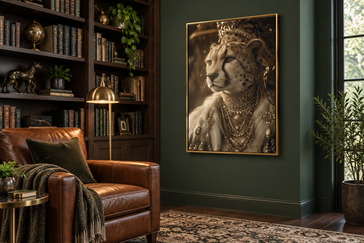Royal Cheetah Queen canvas wall art in a gold frame on a dark green wall in a library setting.