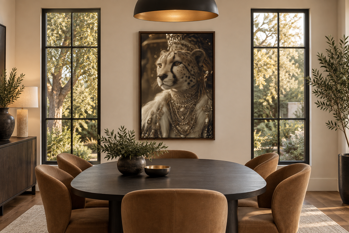 Royal Cheetah Queen canvas wall art with crown and jewellery in a modern dining room setting.
