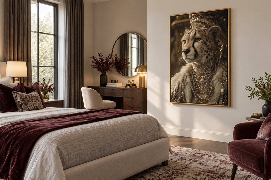 Royal Cheetah Queen canvas art with crown and jewelry hanging in a bedroom above a vanity.