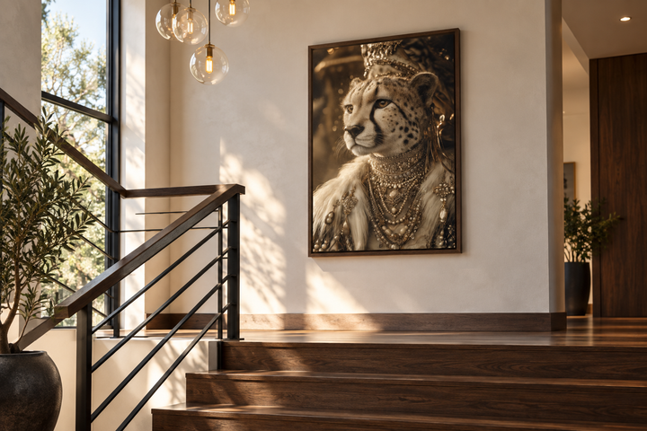 Royal Cheetah Queen canvas art with crown and jewels hanging in a modern staircase landing.