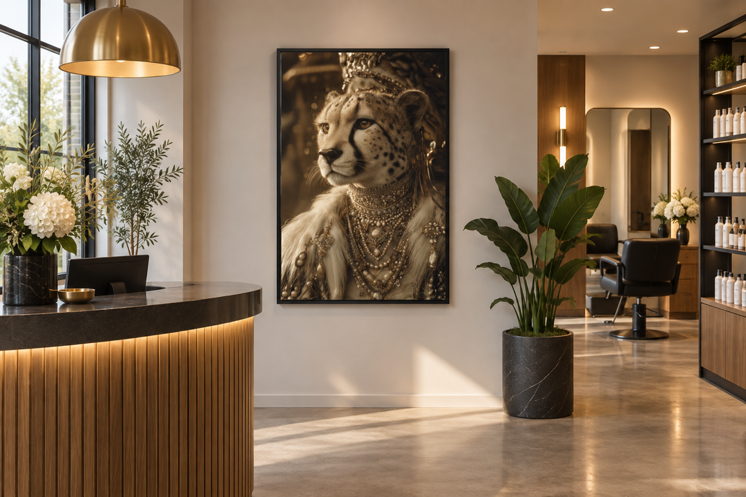 Royal Cheetah Queen canvas wall art with crown and jewels displayed in a modern salon reception.