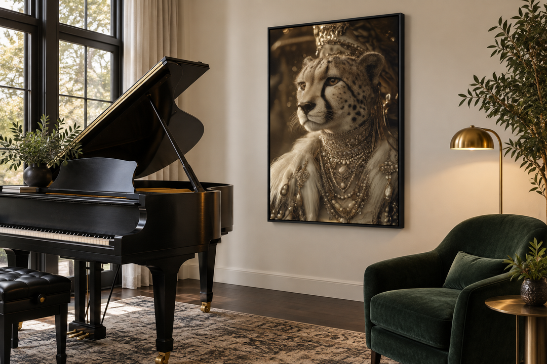 Royal Cheetah Queen canvas wall art with crown and jewelry in a room with a piano and green chair.
