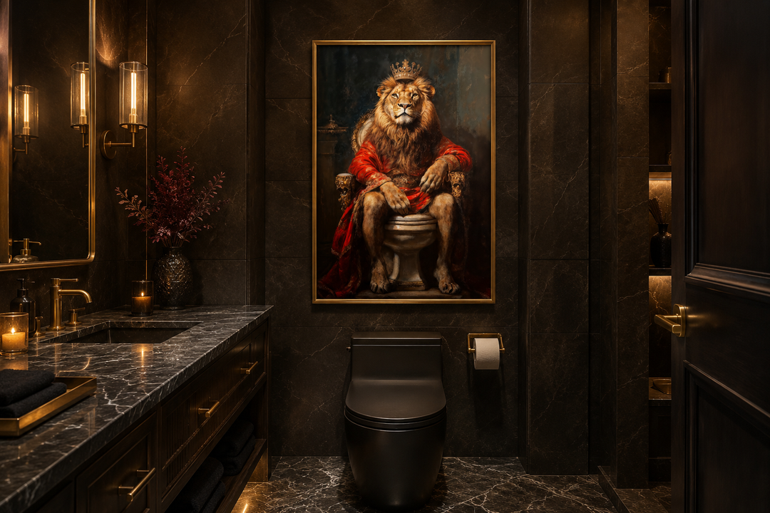 Framed canvas art of a lion with a crown sitting on a toilet in a dark marble bathroom.