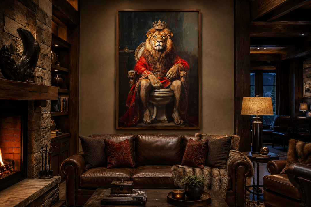 Framed canvas art of a royal lion with a crown sitting on a toilet, hung above a leather sofa.