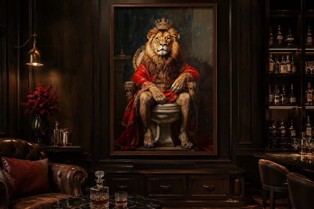 Framed canvas of a regal lion with a crown sitting on a toilet in a dark, sophisticated room.