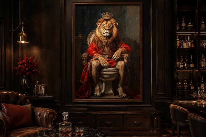 Framed canvas of a regal lion with a crown sitting on a toilet in a dark, sophisticated room.