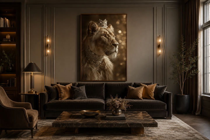 Royal Lioness Queen canvas wall art with crown and jewellery in a dark, elegant living room.