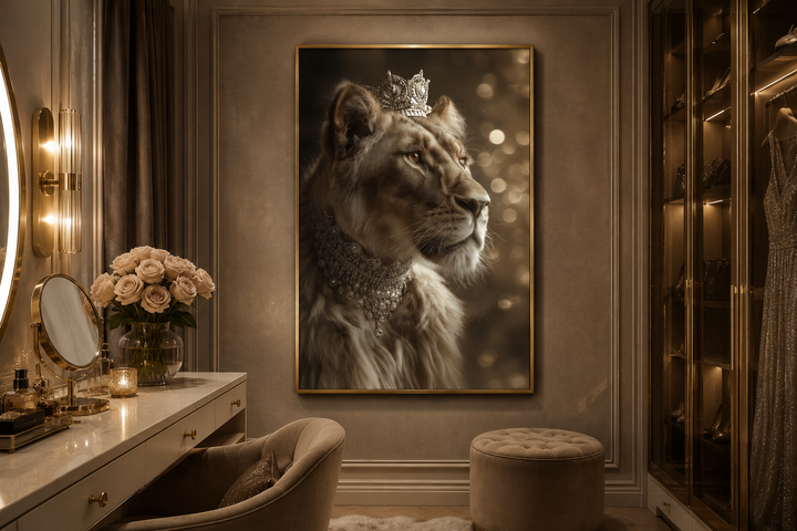 Royal Lioness Queen canvas wall art with crown and jewellery in a glamorous dressing room setting.