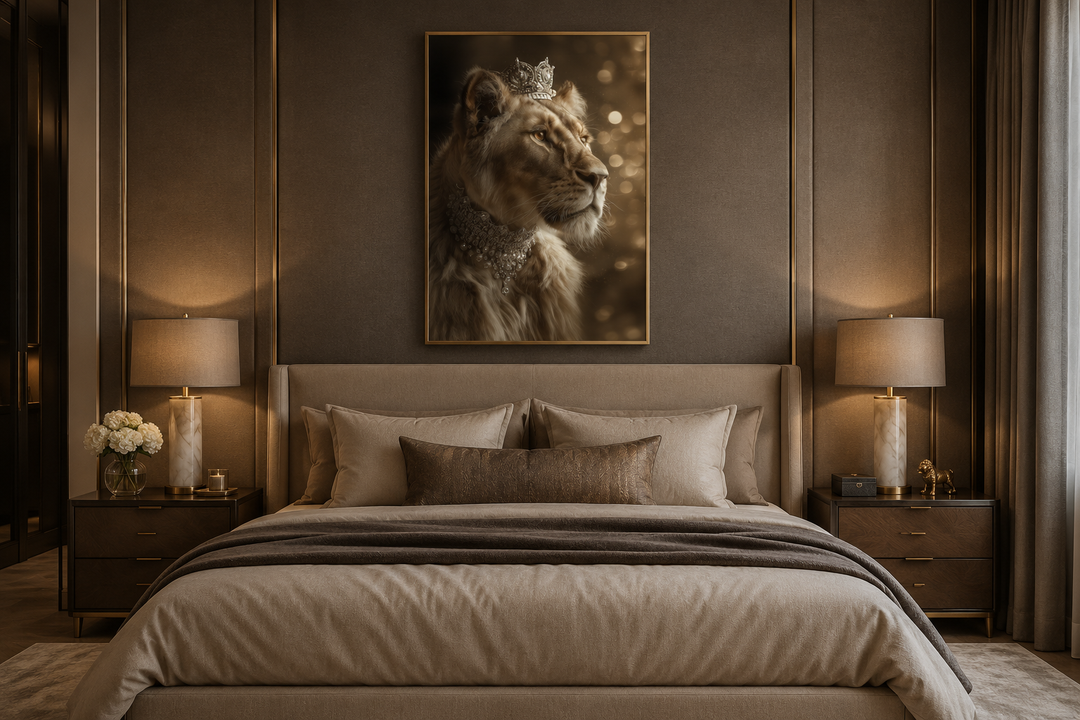 Royal lioness queen canvas wall art with crown and jewelry above a bed in a brown bedroom.
