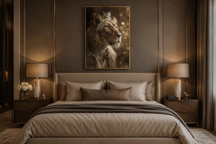 Royal lioness queen canvas wall art with crown and jewelry above a bed in a brown bedroom.