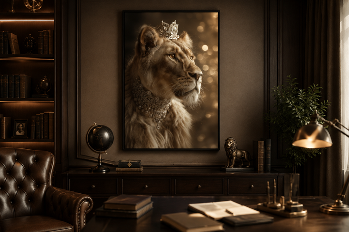 Royal Lioness Queen canvas wall art with crown and jewelry in a dark, elegant study setting.