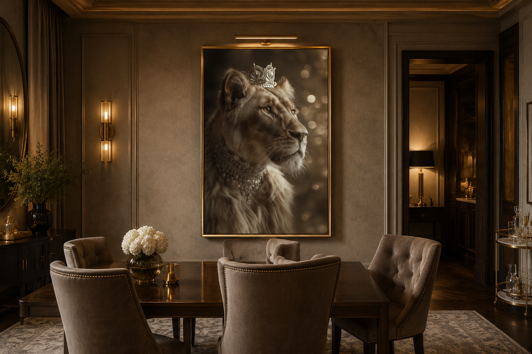 Royal lioness queen canvas wall art with crown and jewelry in a sophisticated dining room setting.
