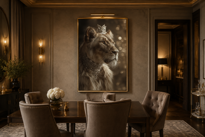 Royal lioness queen canvas wall art with crown and jewelry in a sophisticated dining room setting.