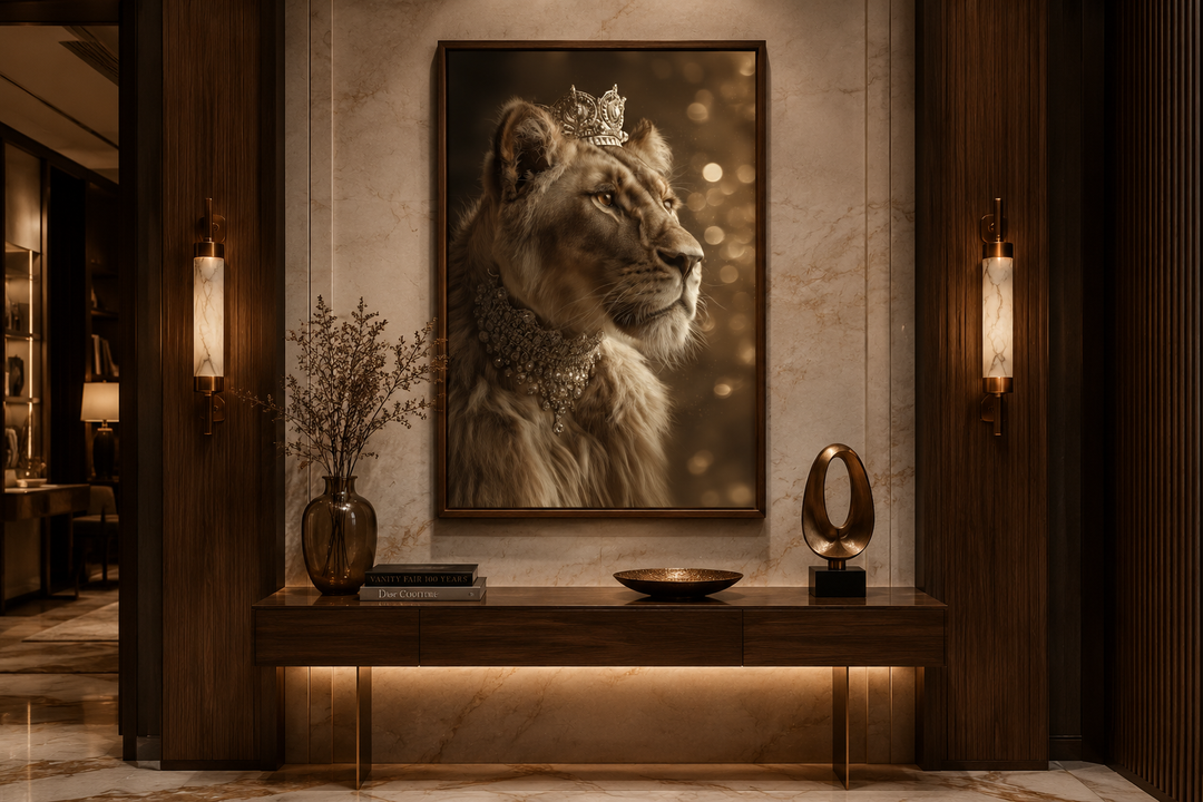 Royal lioness canvas wall art with crown and jewelry displayed in a modern interior setting.