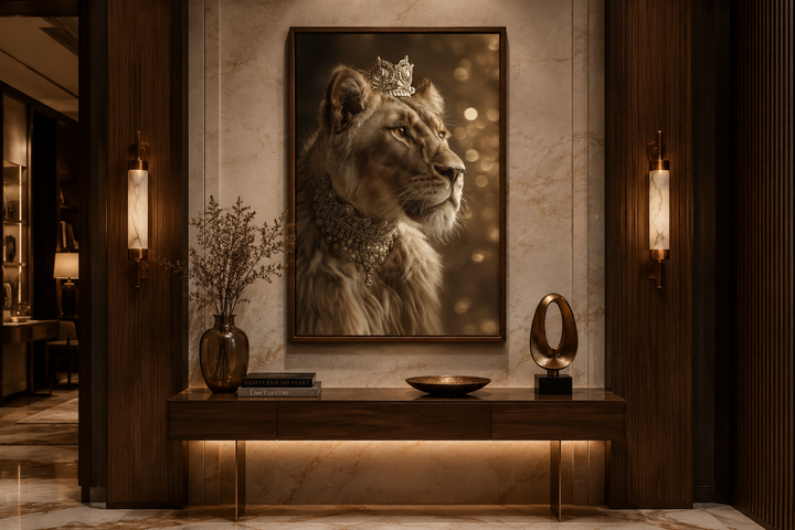 Royal lioness canvas wall art with crown and jewelry displayed in a modern interior setting.