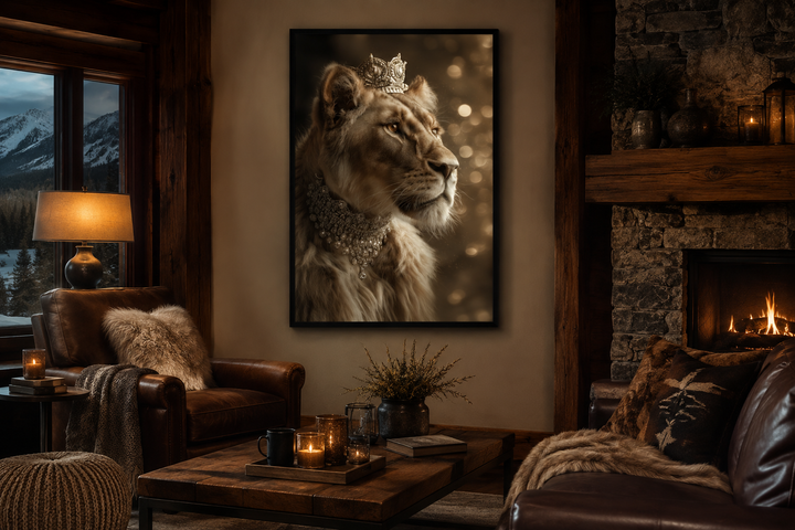 Royal Lioness Queen canvas wall art with crown and jewellery in a cozy, rustic living room.