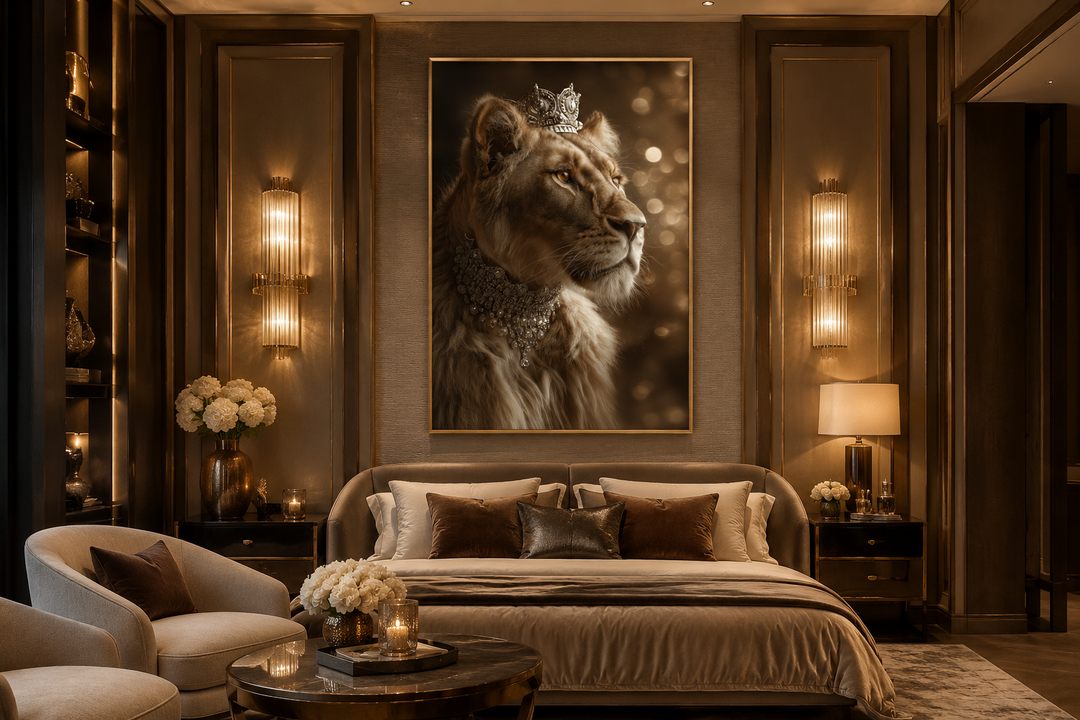 Royal lioness queen canvas wall art with crown and jewelry hanging above a bed in a bedroom.