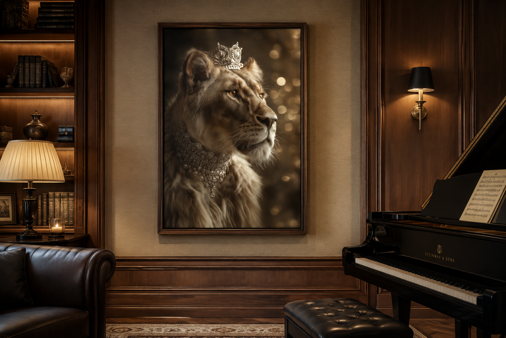 Framed canvas art of a lioness wearing a crown and jewels in a classic library with a piano.