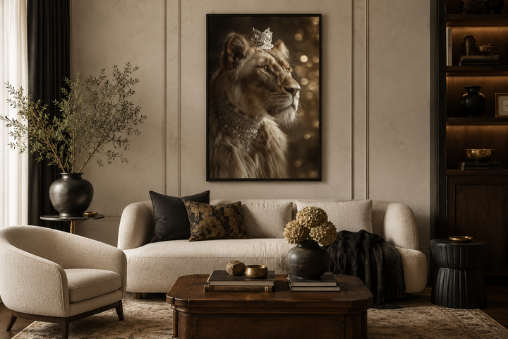 Royal Lioness Queen canvas wall art with crown and jewelry hanging above a sofa in a living room.