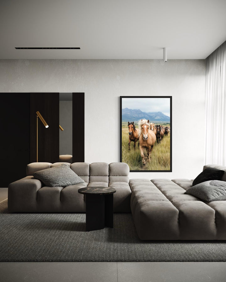 Running Horses in Mountain Field Photography Style Wall Art