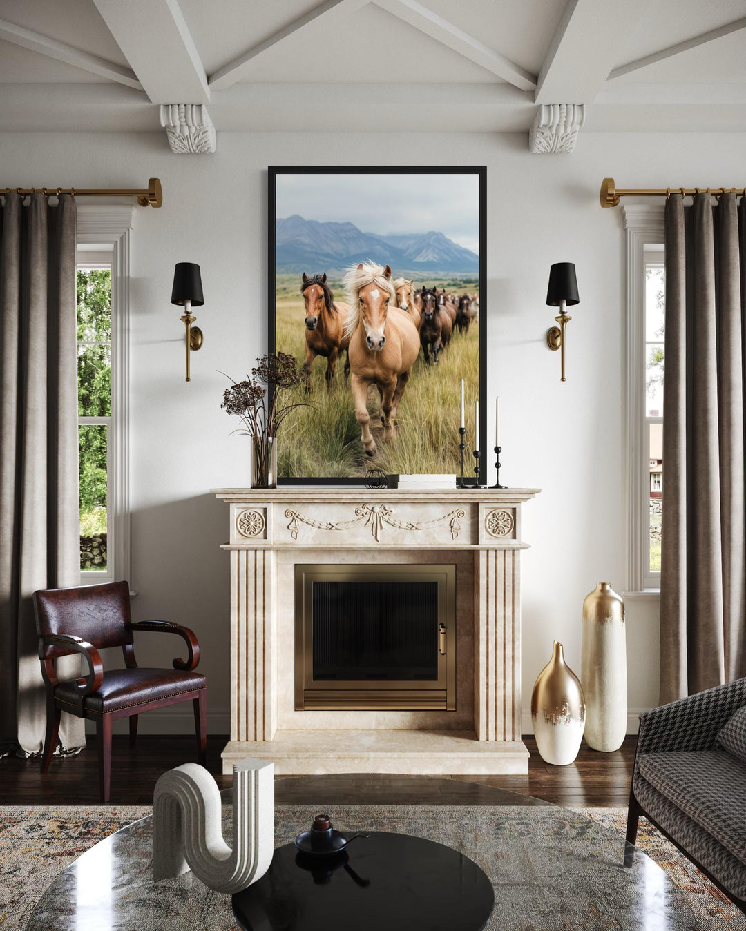 Running Horses in Mountain Field Photography Style Wall Art