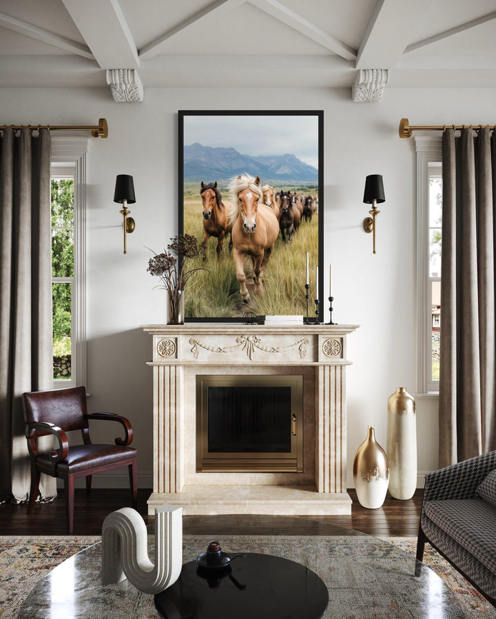 Running Horses in Mountain Field Photography Style Wall Art
