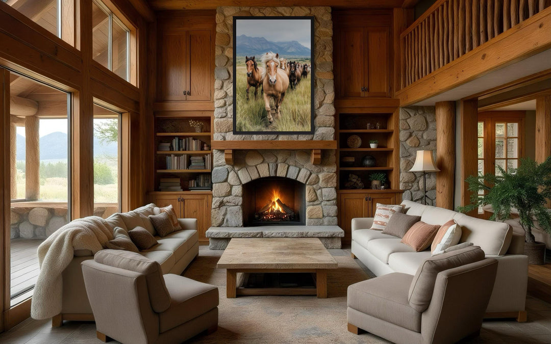 Running Horses in Mountain Field Photography Style Wall Art