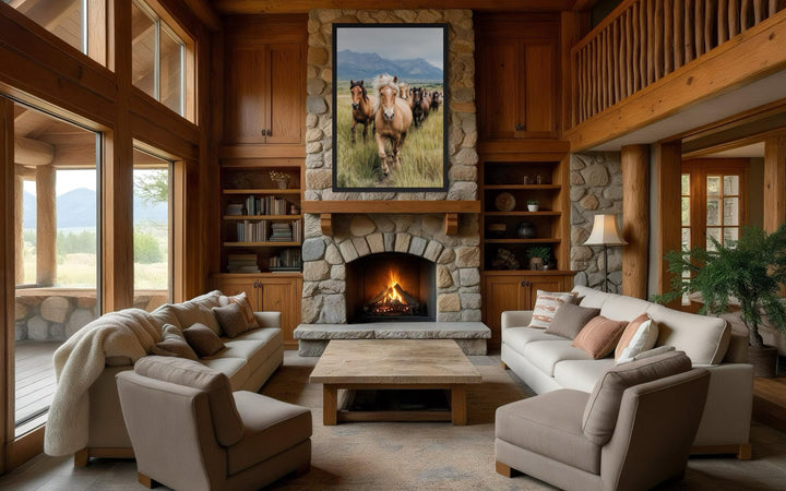 Running Horses in Mountain Field Photography Style Wall Art