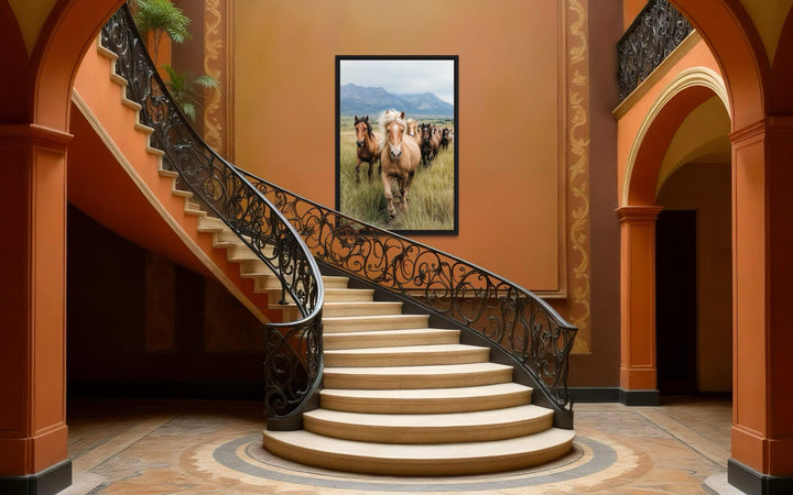 Running Horses in Mountain Field Photography Style Wall Art