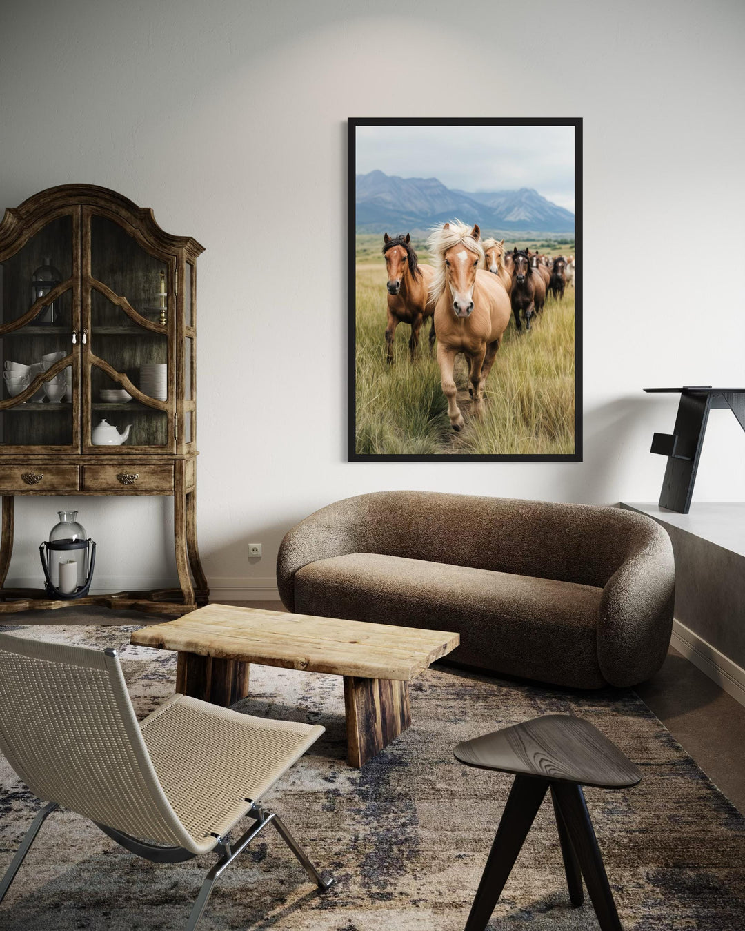 Running Horses in Mountain Field Photography Style Wall Art