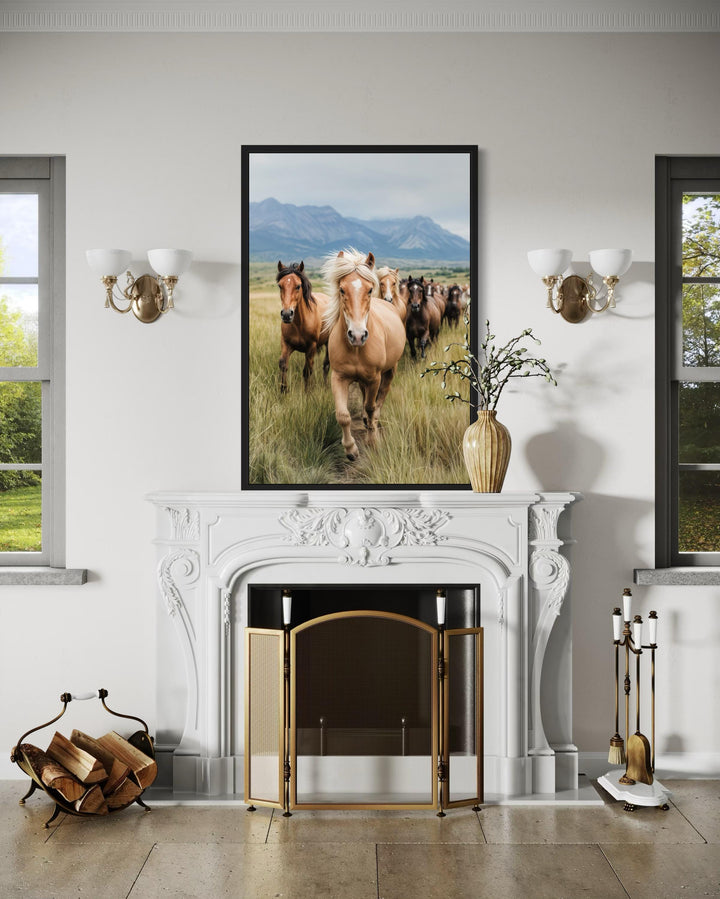 Running Horses in Mountain Field Photography Style Wall Art