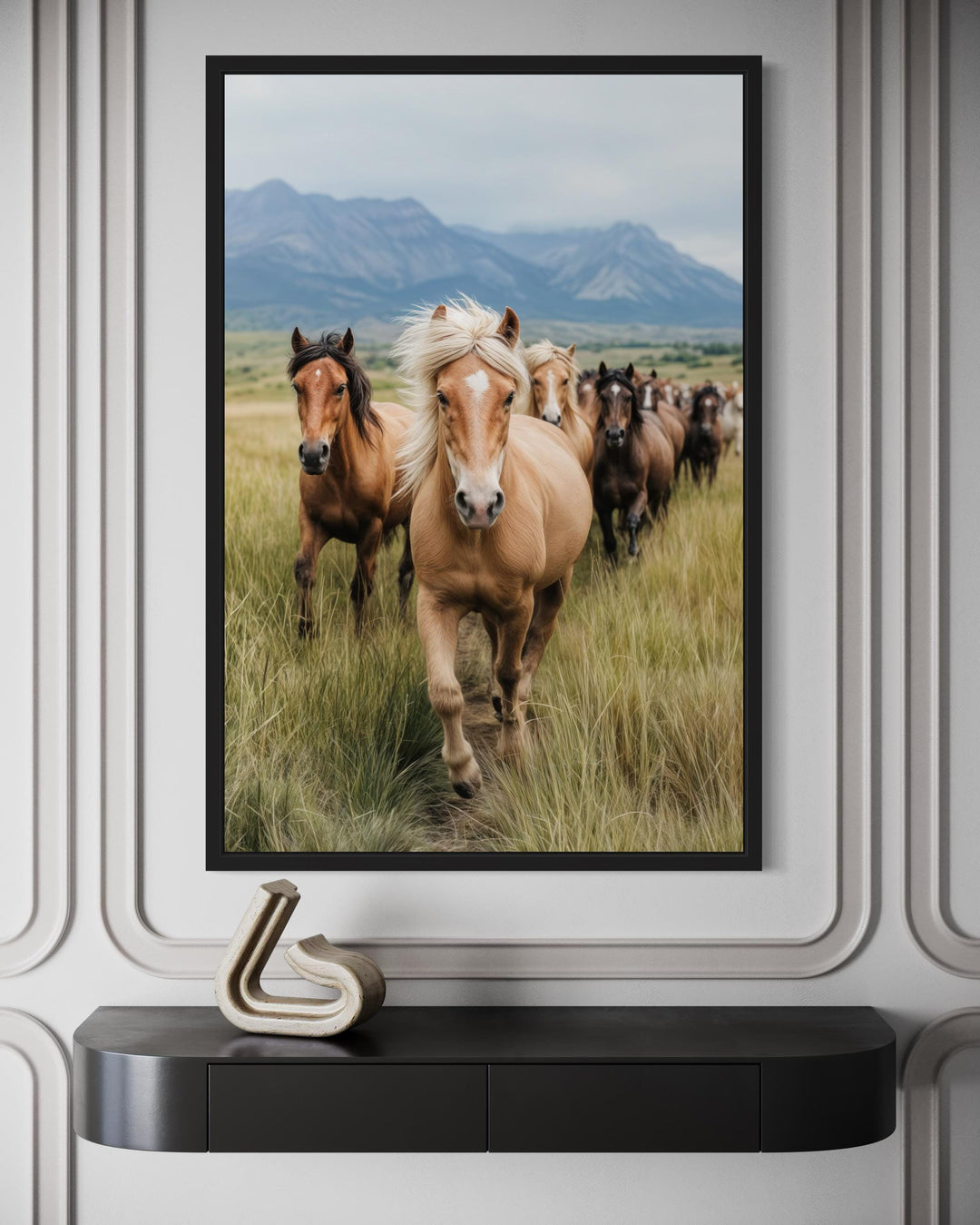 Running Horses in Mountain Field Photography Style Wall Art