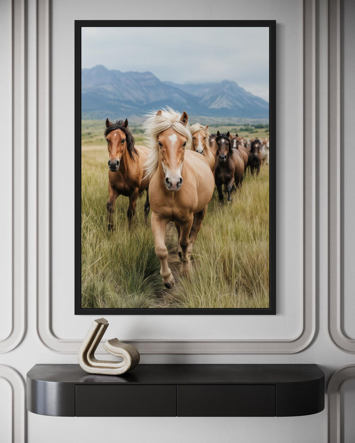 Running Horses in Mountain Field Photography Style Wall Art