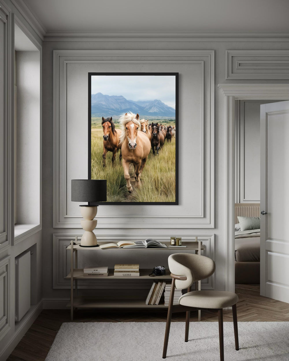 Vertical framed wall art of horses running through a golden field with mountains in the background.