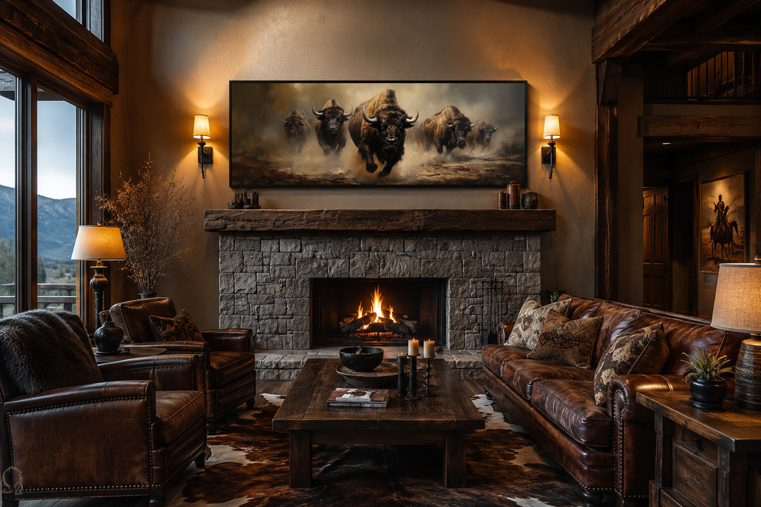 Long horizontal framed canvas art of a running bison herd above a rustic stone fireplace.