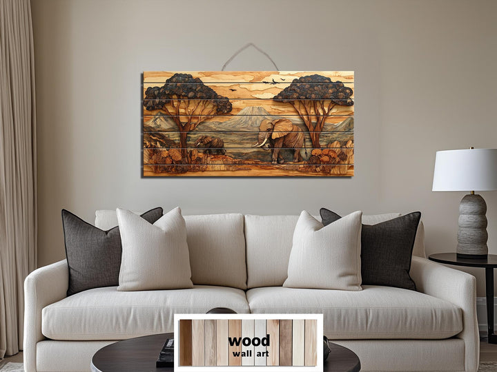 Rustic African Elephant Safari Landscape Distressed Wood Wall Art