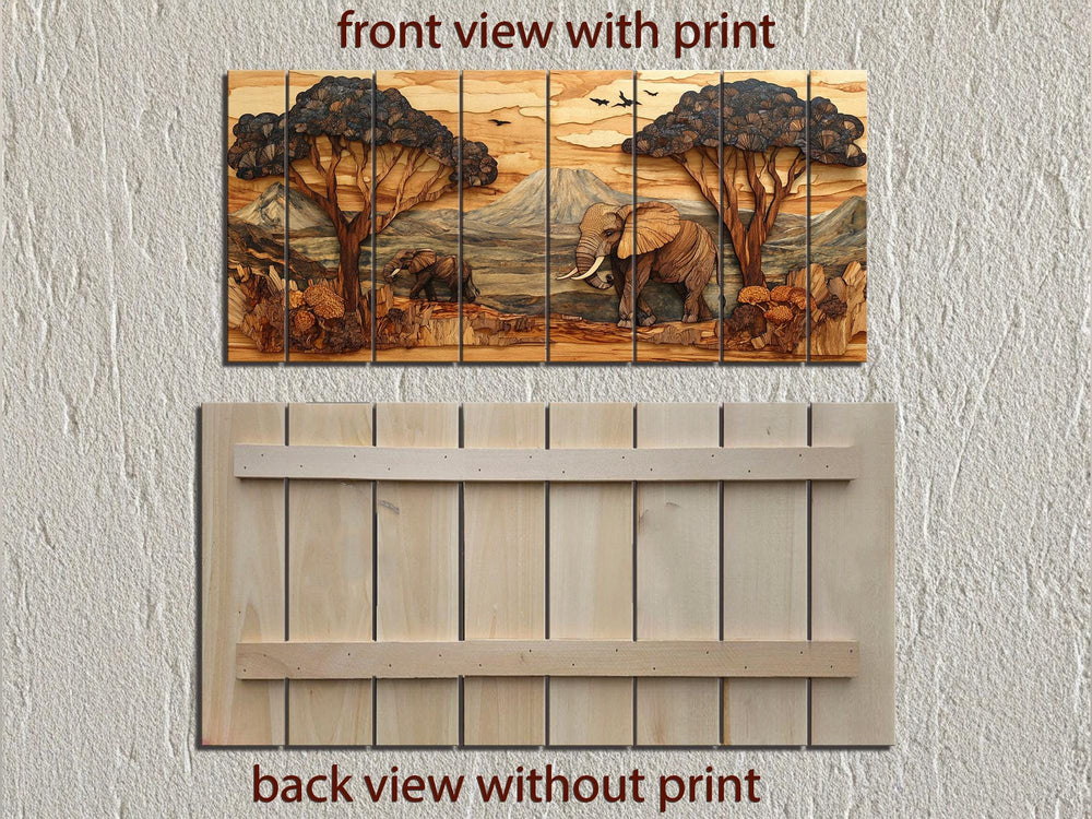 Rustic African Elephant Safari Landscape Distressed Wood Wall Art