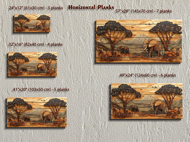 Rustic African Elephant Safari Landscape Distressed Wood Wall Art