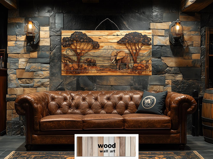 Rustic African Elephant Safari Landscape Distressed Wood Wall Art