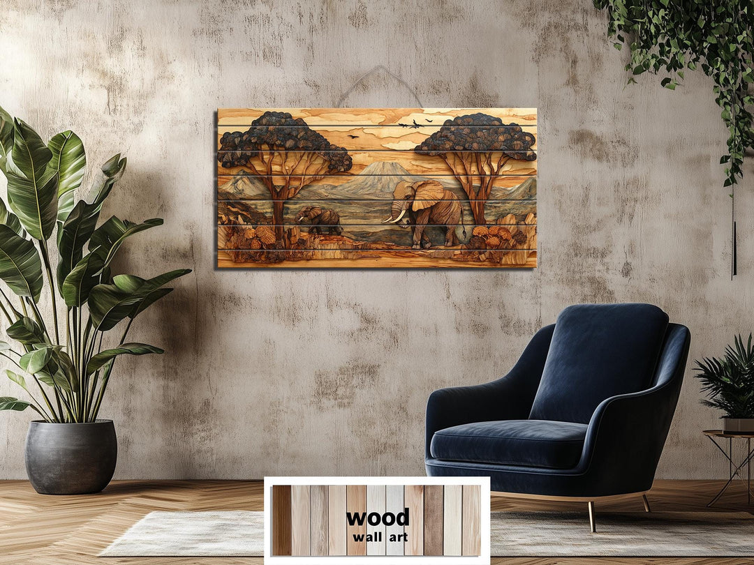 Rustic African Elephant Safari Landscape Distressed Wood Wall Art