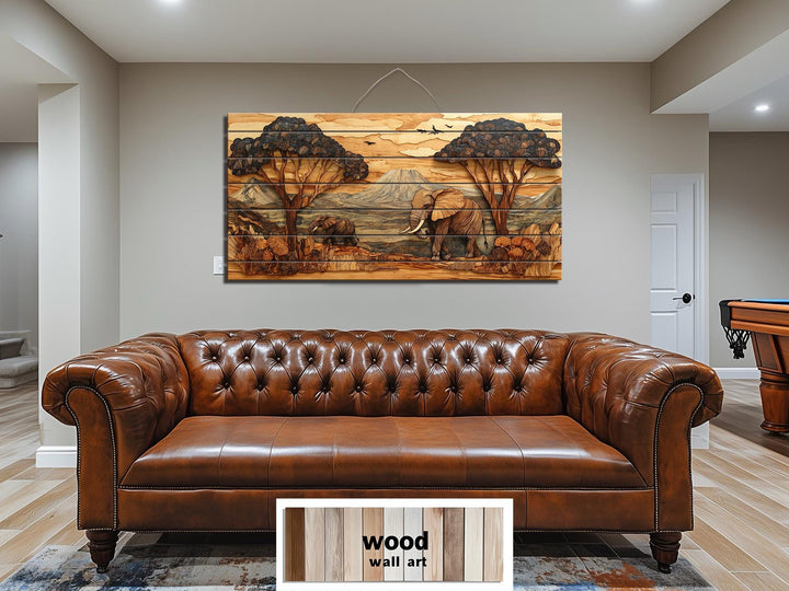 Rustic African Elephant Safari Landscape Distressed Wood Wall Art