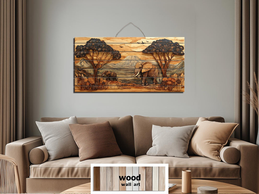 Rustic African Elephant Safari Landscape Distressed Wood Wall Art