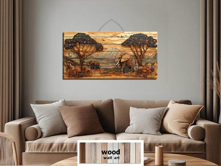 Rustic African Elephant Safari Landscape Distressed Wood Wall Art