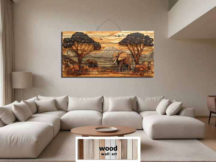 Rustic African Elephant Safari Landscape Distressed Wood Wall Art