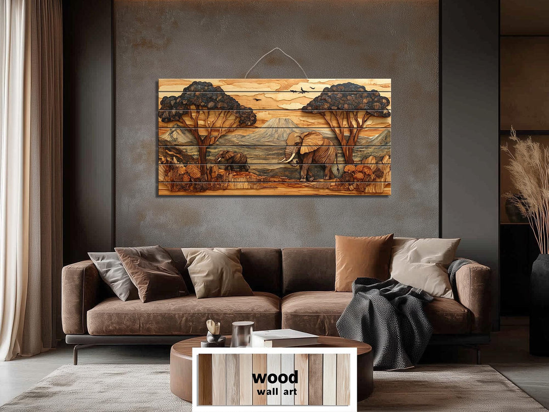 Rustic African Elephant Safari Landscape Distressed Wood Wall Art