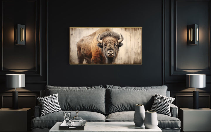 Rustic American Bison Painted On Wood Framed Canvas Wall Art