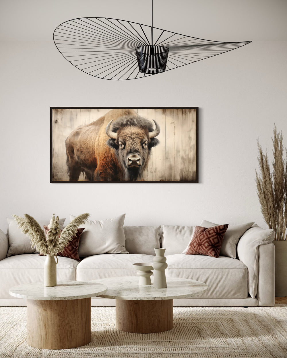 Rustic American Bison Painted On Wood Framed Canvas Wall Art